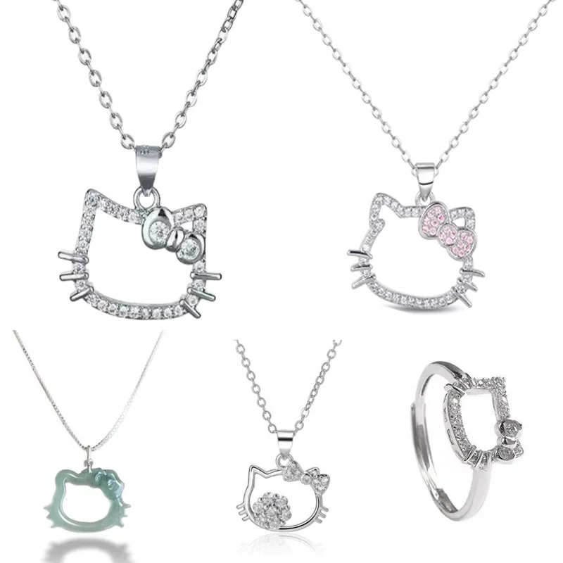 Lovely Hello Kitty Sanrio Anime Kids Chain Necklace Cute Cartoon Hollowed Kitty Crystal Ring for Women Girls Birthday Gift