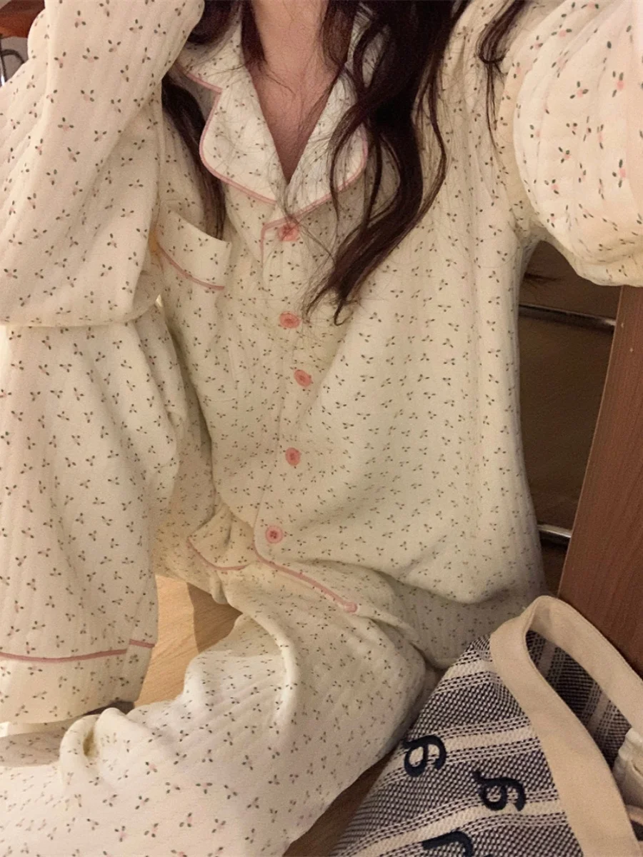 

Женский хлопковый комплект одежды Thiened, длинный комплект домашней одежды Sve, нежный комплект вишневого цвета, розовый, с цветочным принтом, осенне-зимний наряд