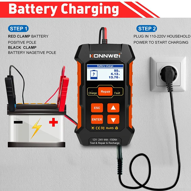 A Dedicated Set Automatic 12V10A  24V5A Car Truck Battery Tester Charger Lead Acid Car Battery Pulse Repair Tool AGM Gel Lithium