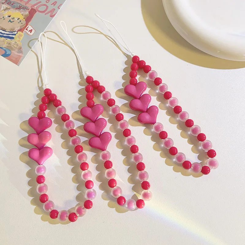 

Trendy Cool Rose Red Love Bead Chain Hanging Rope Universal Phone Case Keychain Camera Pendant