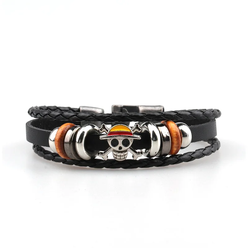 Anime One Piece Pirate Bracelet Cartoon Action Luffy Straw Hat Punk Retro Style Black Leather Woven Bracelet Toy Birthday Gift