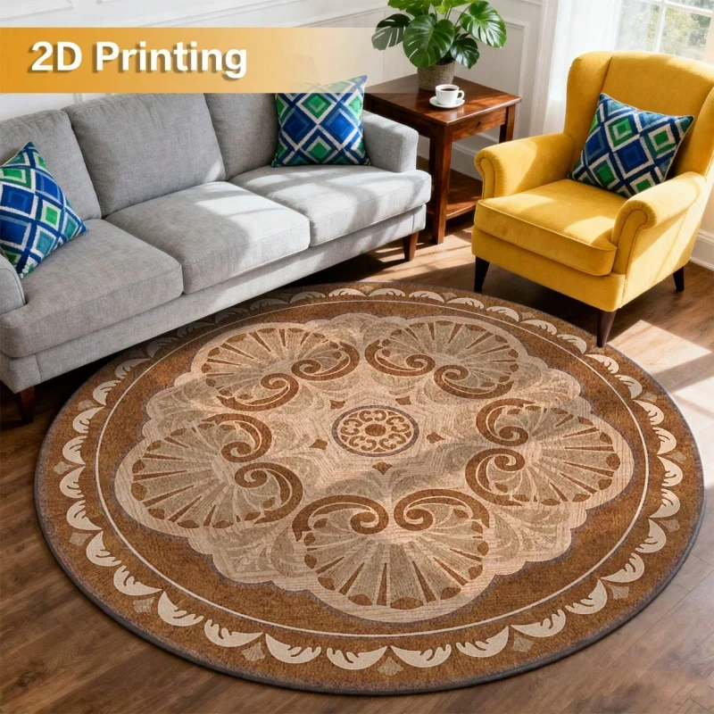 Newest 2D Vintage Brown Floral Swirl Mandala Round Rug Non Slip Retro Living Room Carpet