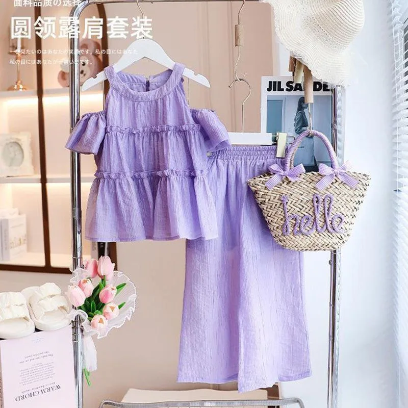 2026 summer girls Cloth Children set Teenager sleeveless off shoulder top t shirt vest chiffon + wide leg pants 4 8 10 12 year