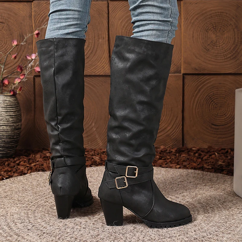 Plus Size Ankle Cross Belt Buckle Thick Heel Classic Retro Knight Boots for Women's Knee High Boots