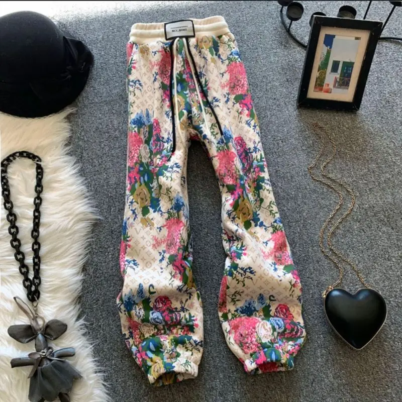 

Spring Autumn Sweatpants Women Plus Fleece Thick Sweatpants Loose Haren Pants with Footprints Flower Casual Pants