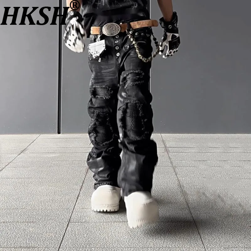 HKSH Spring Autumn New Men Fashion Brushed Wax Ripped Dark High Street Denim Pants Trend Buttons Rivet Design Punk Jeans HK17717
