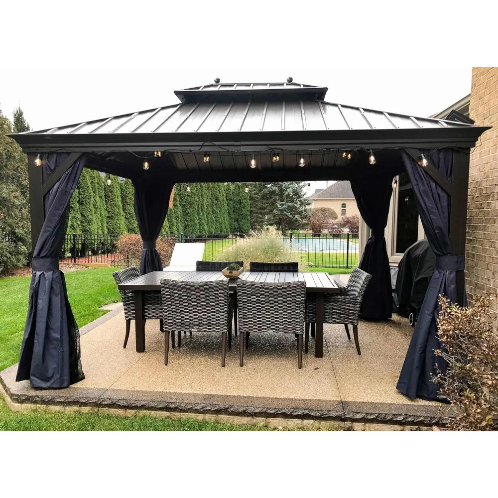 

10' X 12' Hardtop Gazebo Canopy with Netting and Curtains for Outdoor Deck Backyard Heavy Duty Sunshade Outside Metal Patio Perm