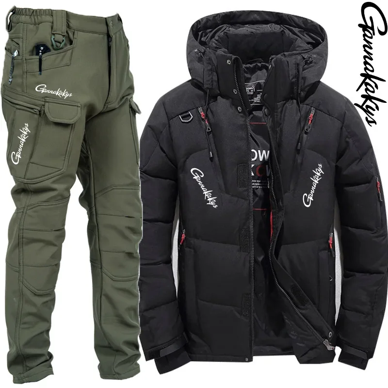 Winter Fishing Suit Set, Men's Goose Down Jacket and Warm Tactical Pants, Warm Snowboard and Anti Cold Hunting Sportswear Set