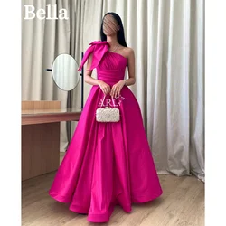 Bella Hot Pink One Shoulder فساتين السهرة A-line Satin Floor-Length Prom Dresses Elegant Sleeveless Empire Waist Formal Evening