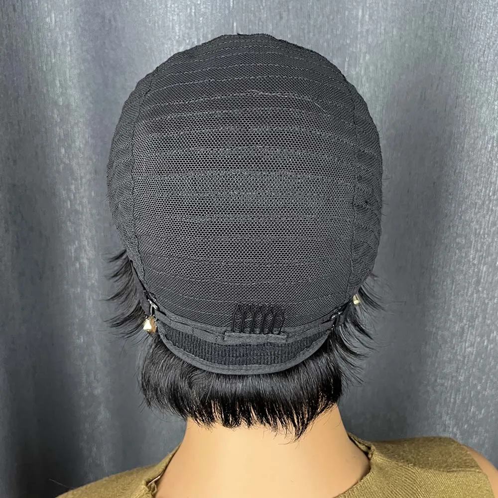 Perucas curtas de corte pixie para mulheres negras, peruca de cabelo humano remy com franja, cor preta, feita à máquina, com franja colorida