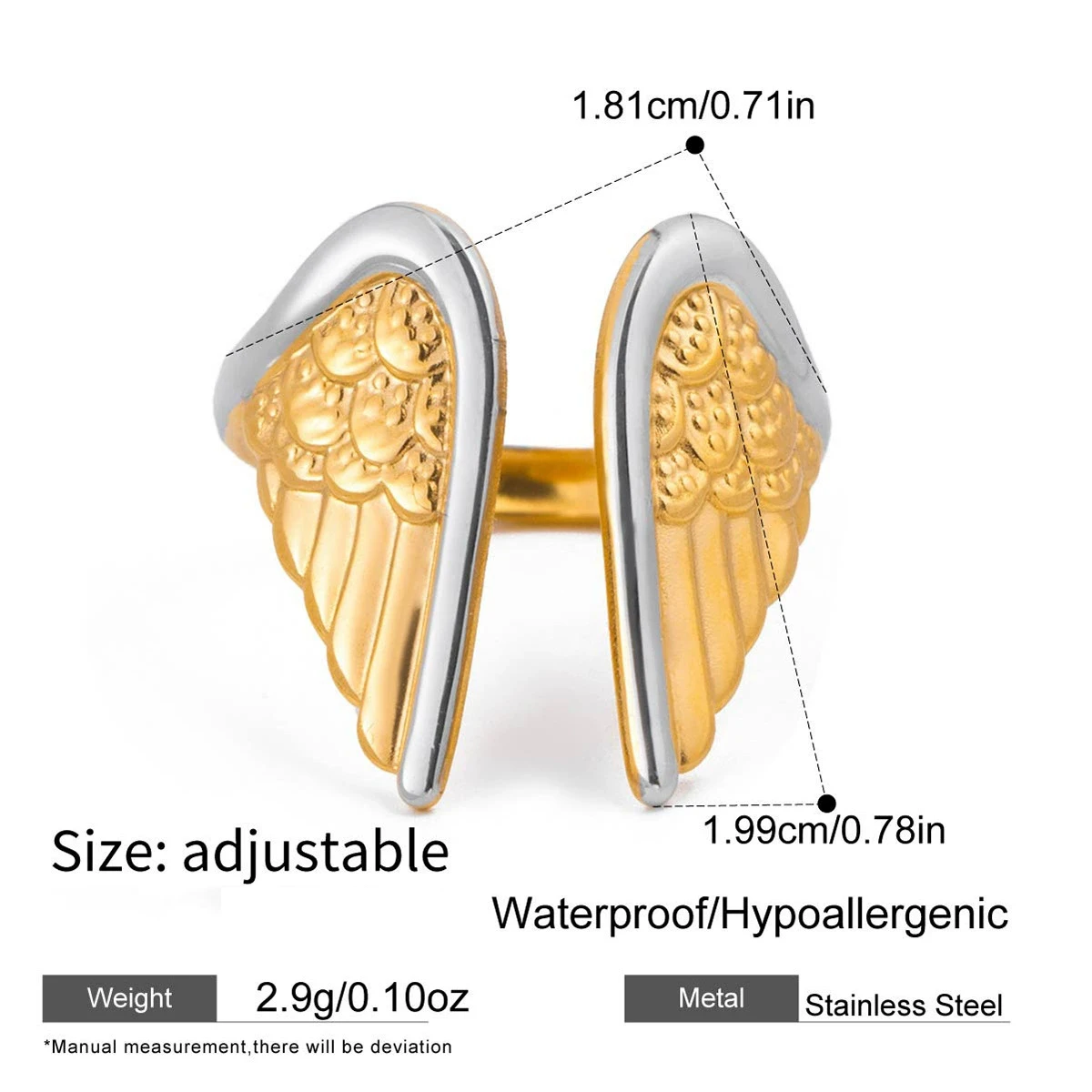 حلقة مفتوحة من الفولاذ المقاوم للصدأ على شكل جناح ذهبي قابل للتعديل تناسب جميع أحجام الأصابع، إكسسوار عصري لأي مناسبة #6