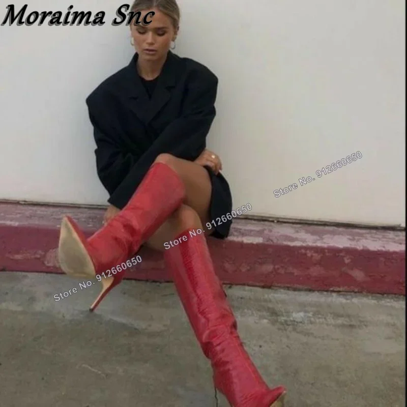 

Moraima Snc Red Side Zipper Stone Print Boots for Women pointed Toe Knee High Boots Stilettos High Heels Runway Zapatillas Mujer