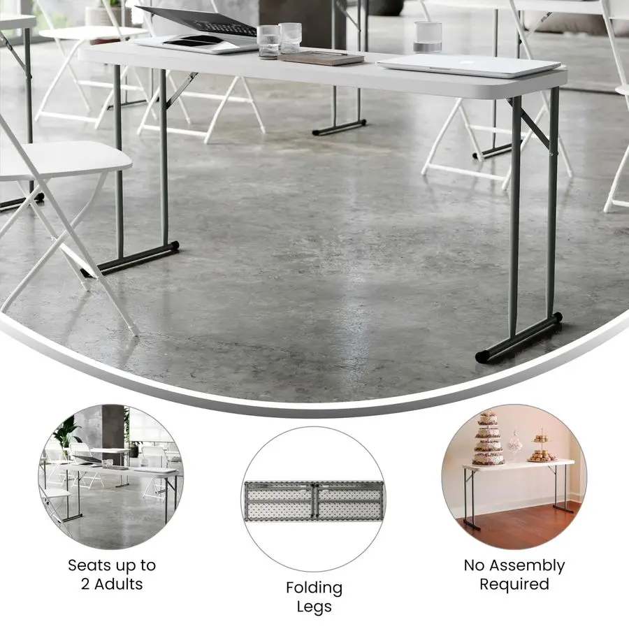 Kathryn 5 Rectangular Plastic Folding Table, Long Plastic Foldable Table for Indoor Outdoor Events, White