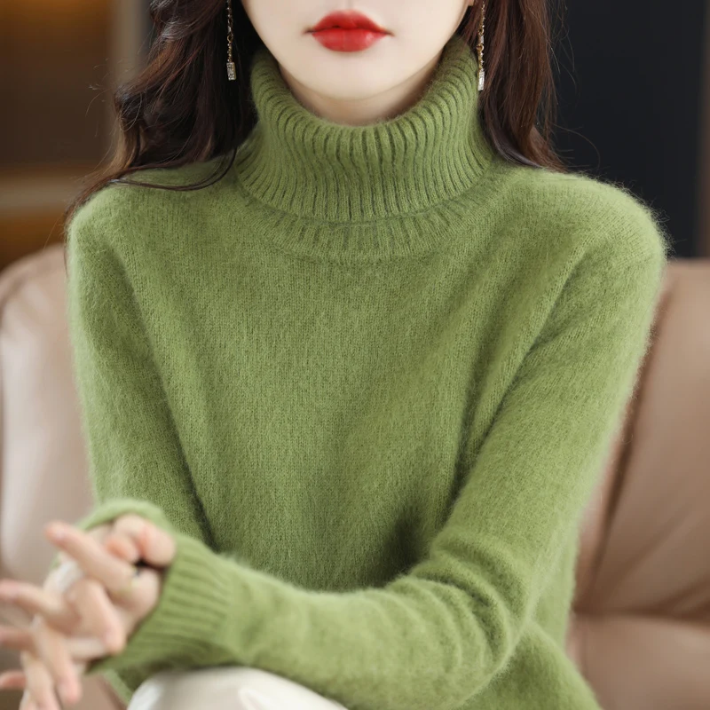 Autumn and winter new sweaters ladies thick 100% pure mink velvet solid color high collar long sleeve fashion split sweater