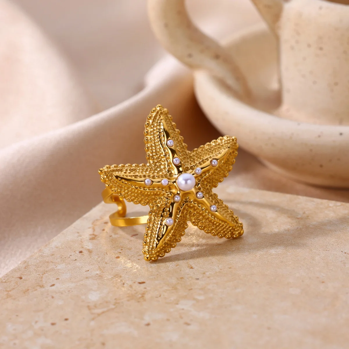 Vintage-Ringe mit Perlen und Seesternen für Damen, goldfarben, Edelstahl, geometrischer Seestern-Öffnungsring, Sommerparty, Ozean-Schmuck