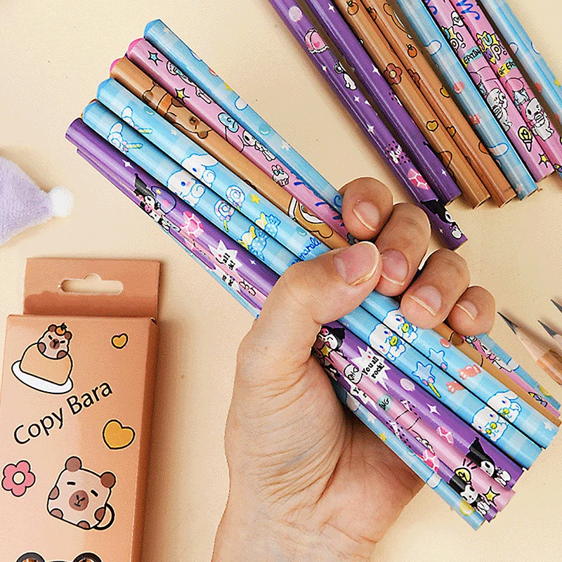 12PCS Cartoon Pencil Cute Kuromi Cinnamoroll My Melody Capybara Student Stationery School Supplies Student Prize Pencil