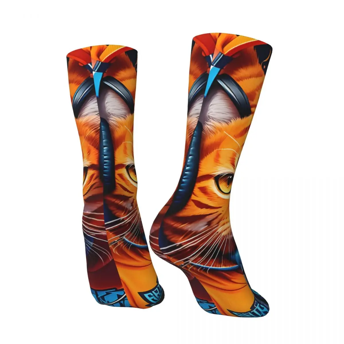 Vintage Handsome Orange Cat Dj Wearing Headphones. Men's compression Socks Unisex Street Style Pattern Printed Novelty Crew Sock