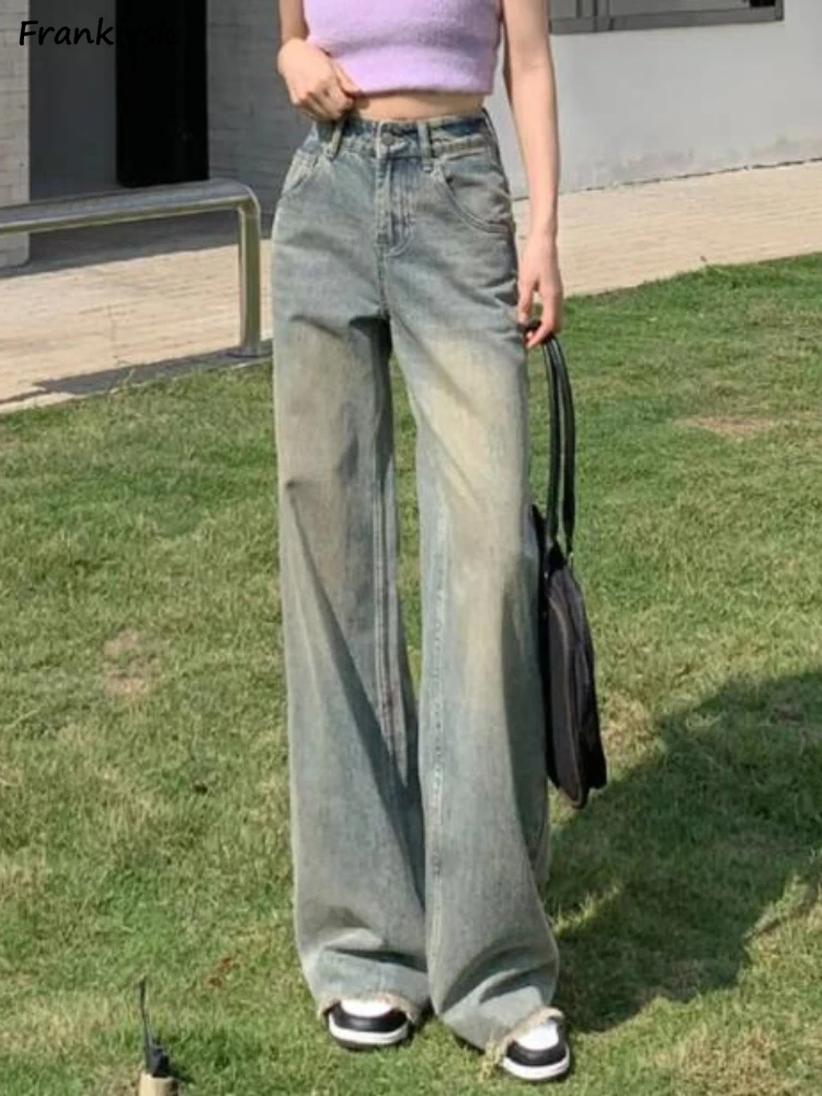 

Wide Leg Jeans Women Vintage Raw Edge High Waist Korean Style Full Length Daily Spring Autumn Harajuku Fashion Streetwear Loose