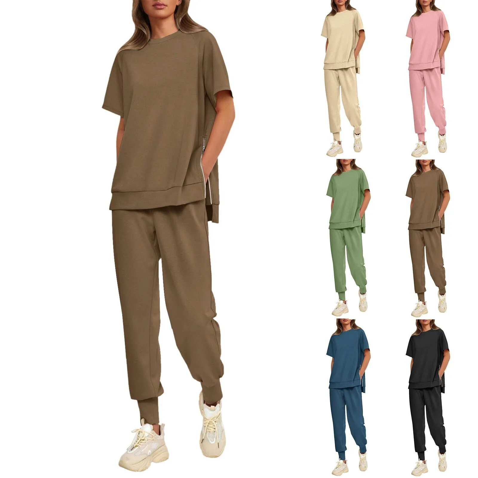 Elegant Women Two Piece Set Tracksuit 2024 Summer Solid Color Short Sleeve Top With Side Zipper Loose Long Pants Set Casual Suit