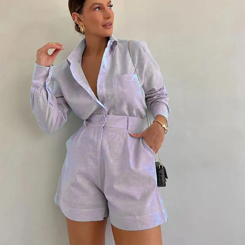 Women Long Sleeve 2 Pieces Sets Casual Simple Button Pockets Short Pant with Shirts Tops 2024 Summer Fashion Suit Female Outfits