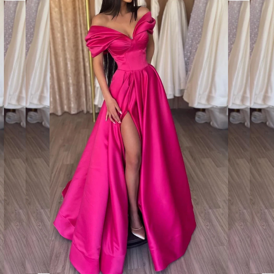 Rose Red Satin Split Formal Evening Dress Off the Shoulder Draped Chic Gowns Sleeveless Floor Length Special Occasion Prom Dress