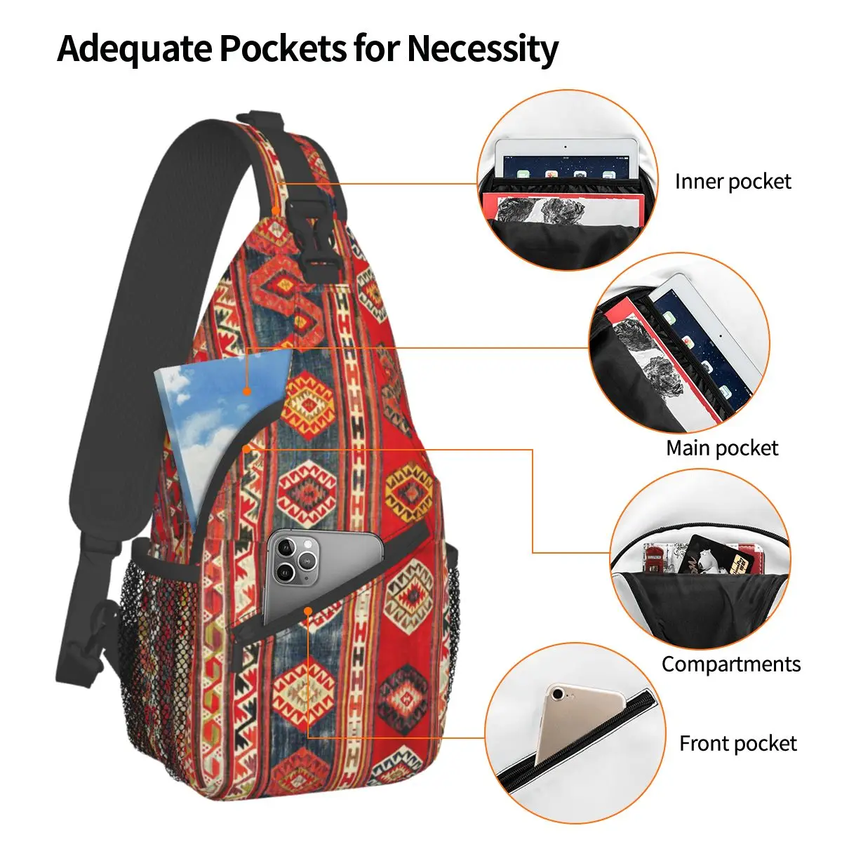 Antique Turkish Kilim Small Sling Bag Chest Crossbody Shoulder Backpack Hiking Travel Daypack Boho Ethnic Persian Printed School