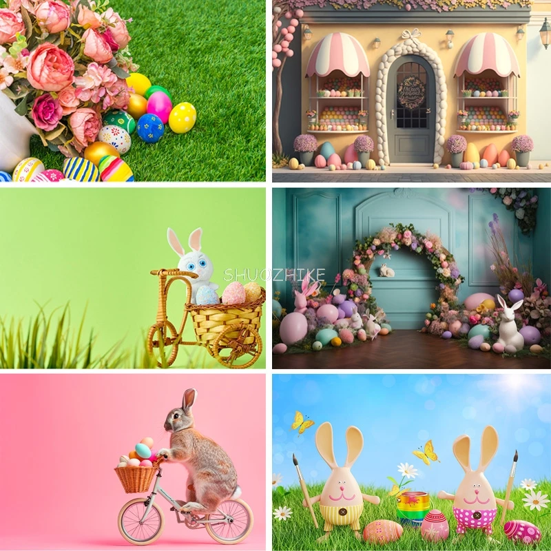 

SHUOZHIKE Colorful Easter Scene Background Spring Eggs And The Cute Rabbits On The Grass Photography Backdrops Props FE-04