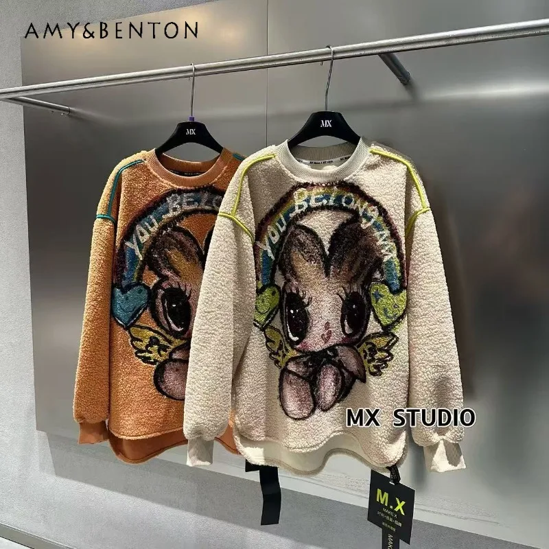 

2025 Autumn Winter American Style Cartoon Rabbit Lamb Wool Sweatshirt Coat For Women's Loose Oversized Youthful Pullover Hoodies