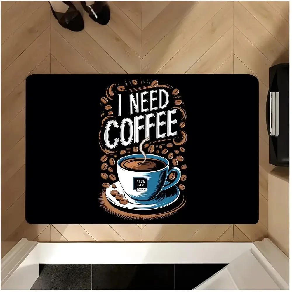 cafe bean drink decorative print Coffee Element Floor Mat Washable Absorbent Flannel Door Mat Non-Slip Indoor Floor Rug