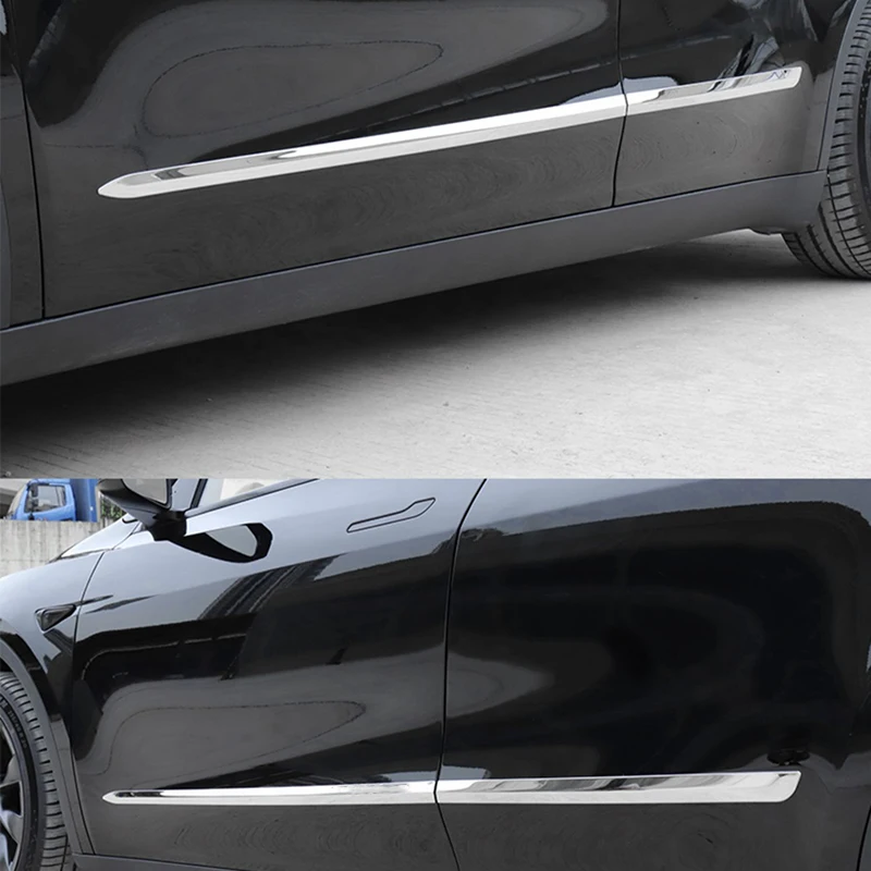 Per Tesla Model Y 2020-2024 acciaio cromato nero carbonio porta laterale carrozzeria modanatura gonne copertura antigraffio Trim 4 pezzi