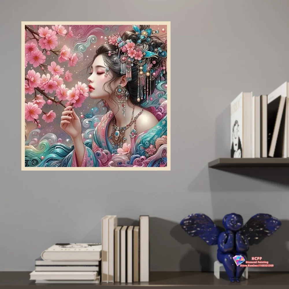 Elegant Lady Traditional Attire with Cherry Blossoms 5D DIY Diamond Painting Set with Square and Round Diamonds Handmade Gifts