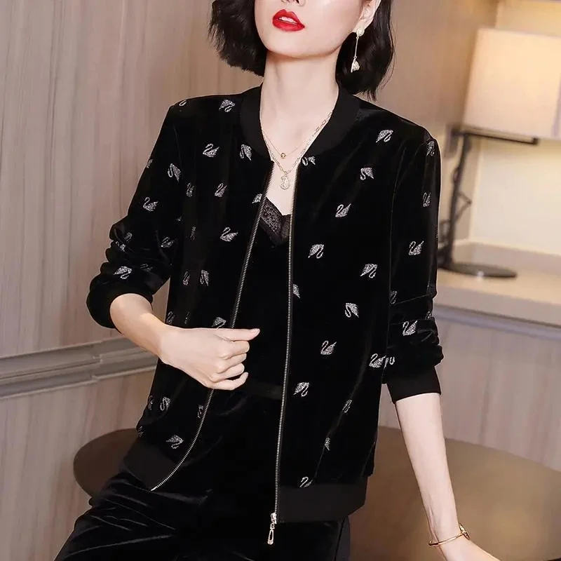 Elegant Black Chiffon Bomber Jackets Women Oversize 5xl Classic Print Short Chaquetas 2023 Spring Summer Thin Mom\'s Outerwear