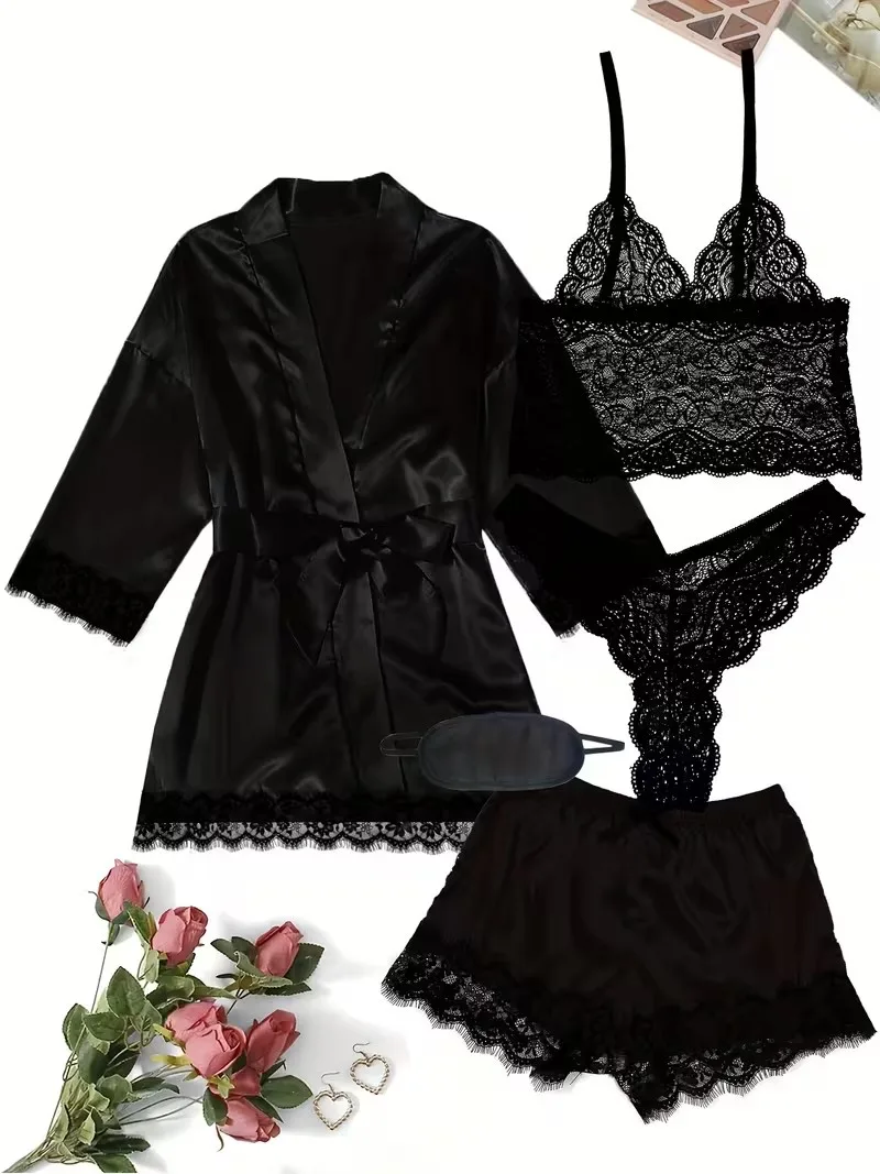 New Women's Pajama Plus Size Satin Body Shaping Sexy Black Lace Set with Eye Mask Dress Skin Comfortable Casual Silk Sleepwear