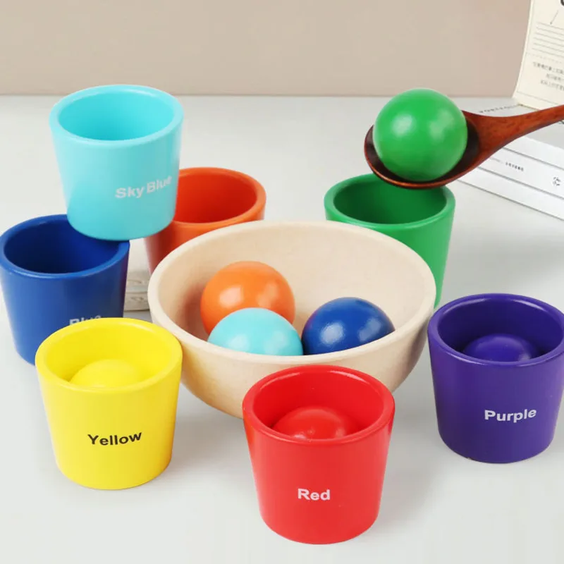 Jouet éducatif Montessori pour bébé, 7 couleurs, arc-en-ciel, boule et tasse en bois, classification des documents, exercice de motricité fine, cadeau d'apprentissage