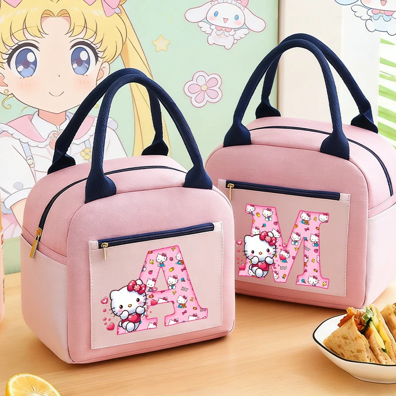 

Cute Kitty Girl Student Hand Lunch Bags Sanrio Anime Letters Print Kids Popular Kawaii Tote Lunch Box Woman Office Thermal Cases