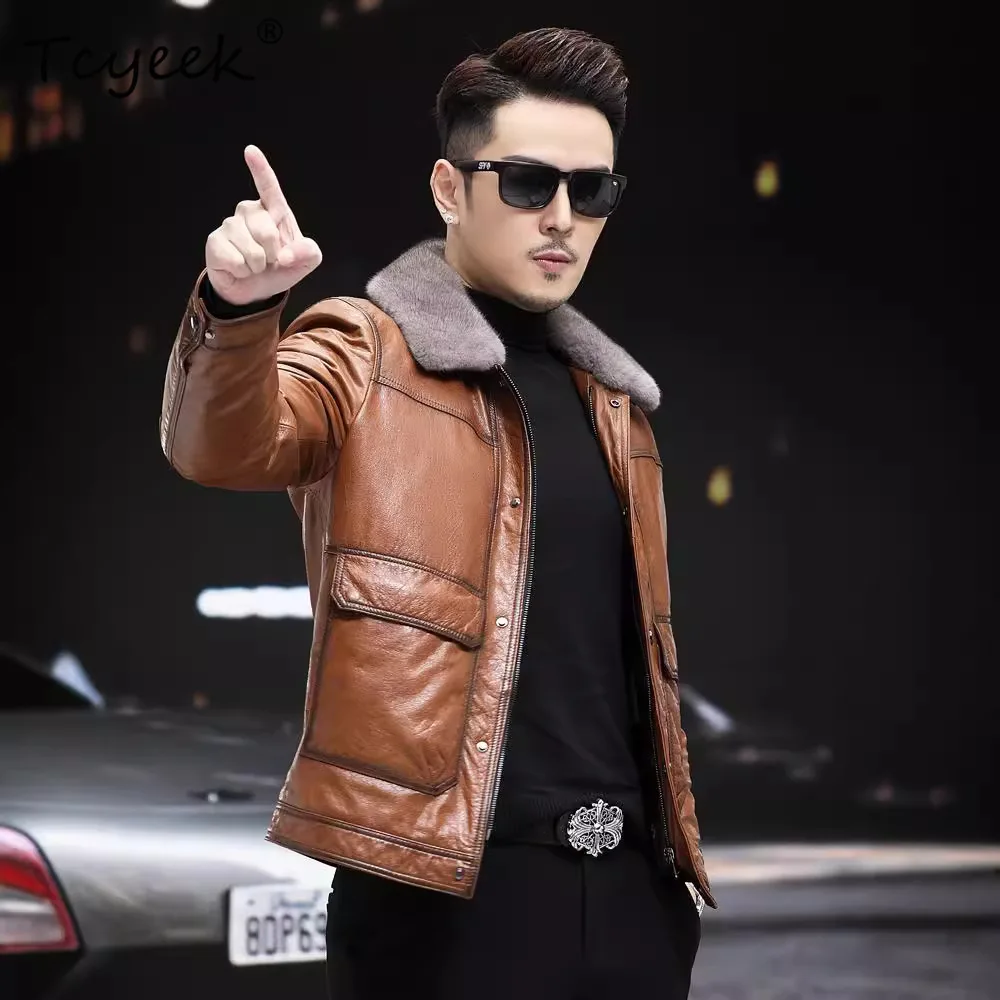 

Tcyeek мужской пуховик из натуральной кожи, теплая зимняя одежда 2025 года, верхняя одежда с воротником из норки, мужские пальто из воловьей кожи, Casaco Masculino