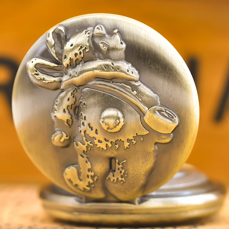 빈티지 청동 Steampunk 동물 곰 조각 된 석영 주머니 시계 목걸이 펜던트 시계 체인 남성 여성 체인 선물