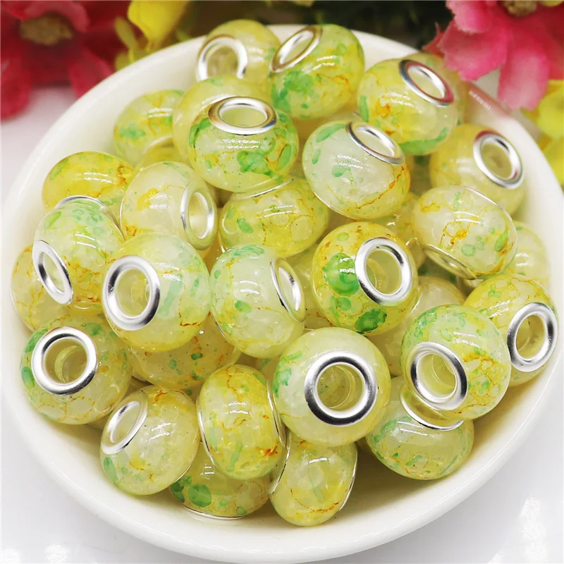 10Pcs/Lot 14mm Crackle Color Flower Art Murano Big Round Loose Beads for Bracelet Necklace Jewelry Shoelace Women DIY Hair Beads