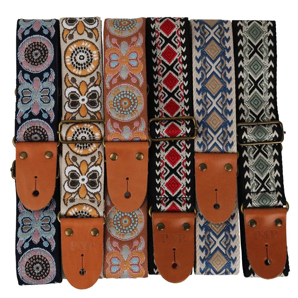 P&P Guitar Strap Adjustable Embroidered Belt with Leather End for Bass Electric Acoustic Guitar