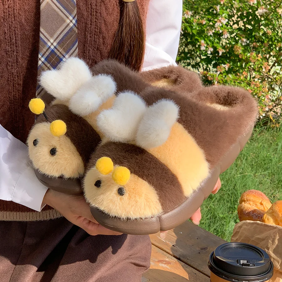 Cute Little Bee Slippers For Women Winter Warm Plush Fur House Shoes 3D Heart Wings Thick Platform Anti-Skid Indoor Home Bootie view 5