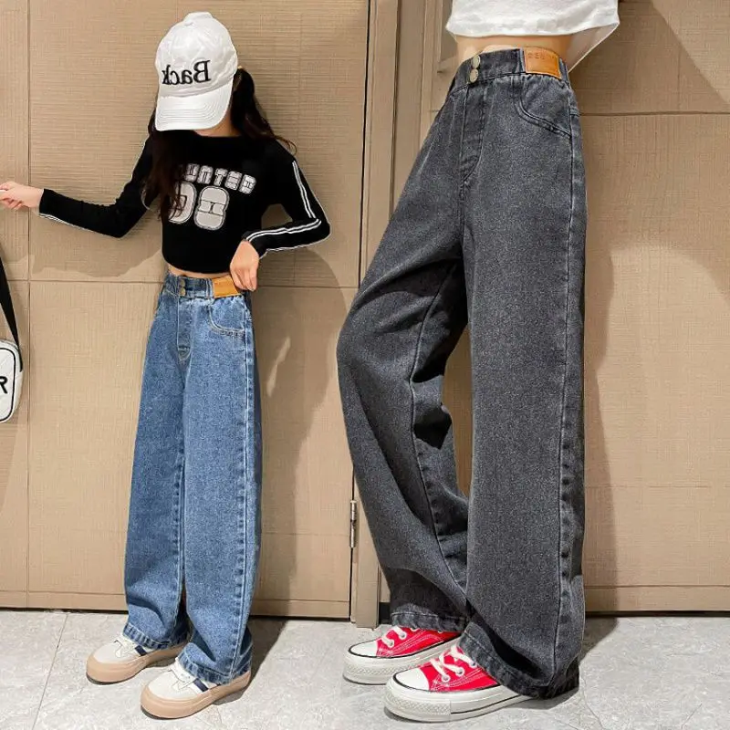 Spring Autumn Teenage Girls Jeans Leisure Fashion Wide Leg Pants Kids Child High Waist Trousers 6 9 8 10 12 14 Years Old