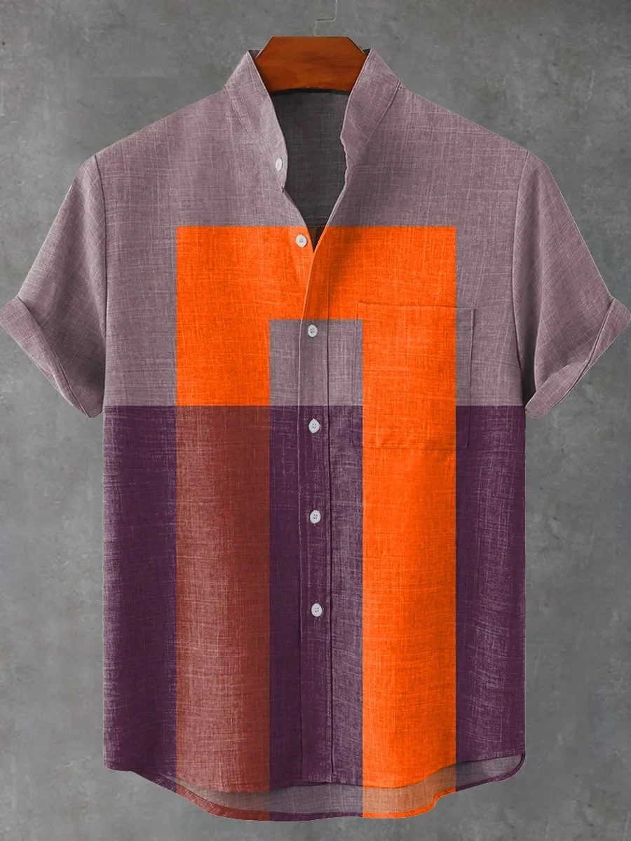 2025 men's new casual art geometric shape retro art linen short sleeved stand up collar shirt comfortable button up top