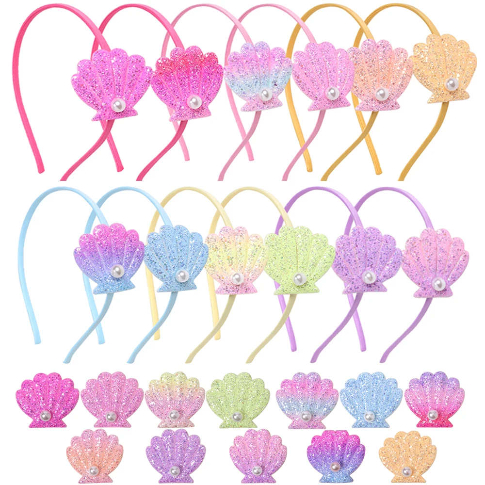 

New Shell Set Hair Bands Hair Clips For Girls Cute Gradient Hair Hoop Hairbands Lovely Birthday Party Hair Accessories