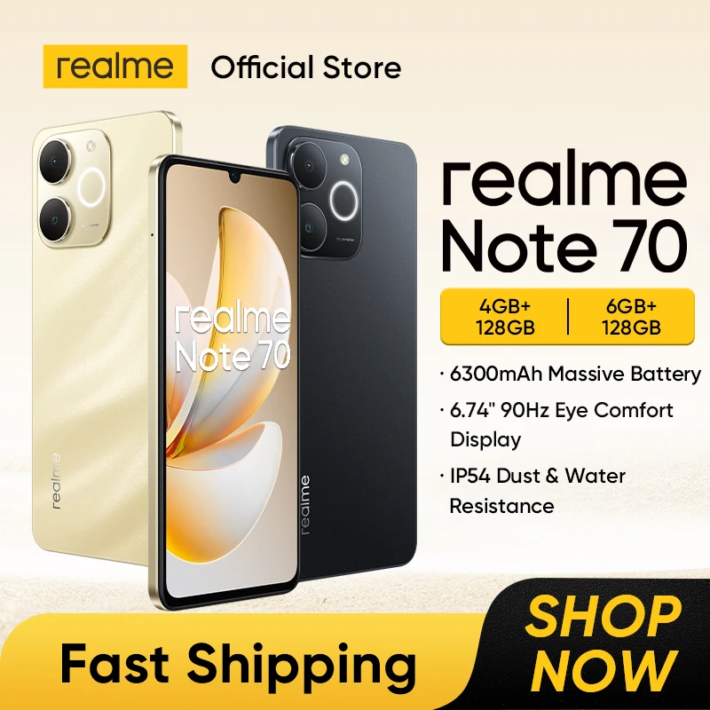 [العرض الأول في العالم] هاتف ذكي Realme Note 70 بشاشة 6.74 بوصة 90 هرتز وبطارية 6300 مللي أمبير في الساعة وشحن 15 وات وكاميرا AI بدقة 13 ميجابكسل UNISOC T7250