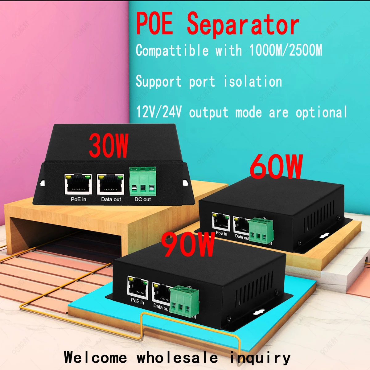 Separador POE industrial 2,5G 30W/60W/90W com porta isolada 12V/24V são opcionais