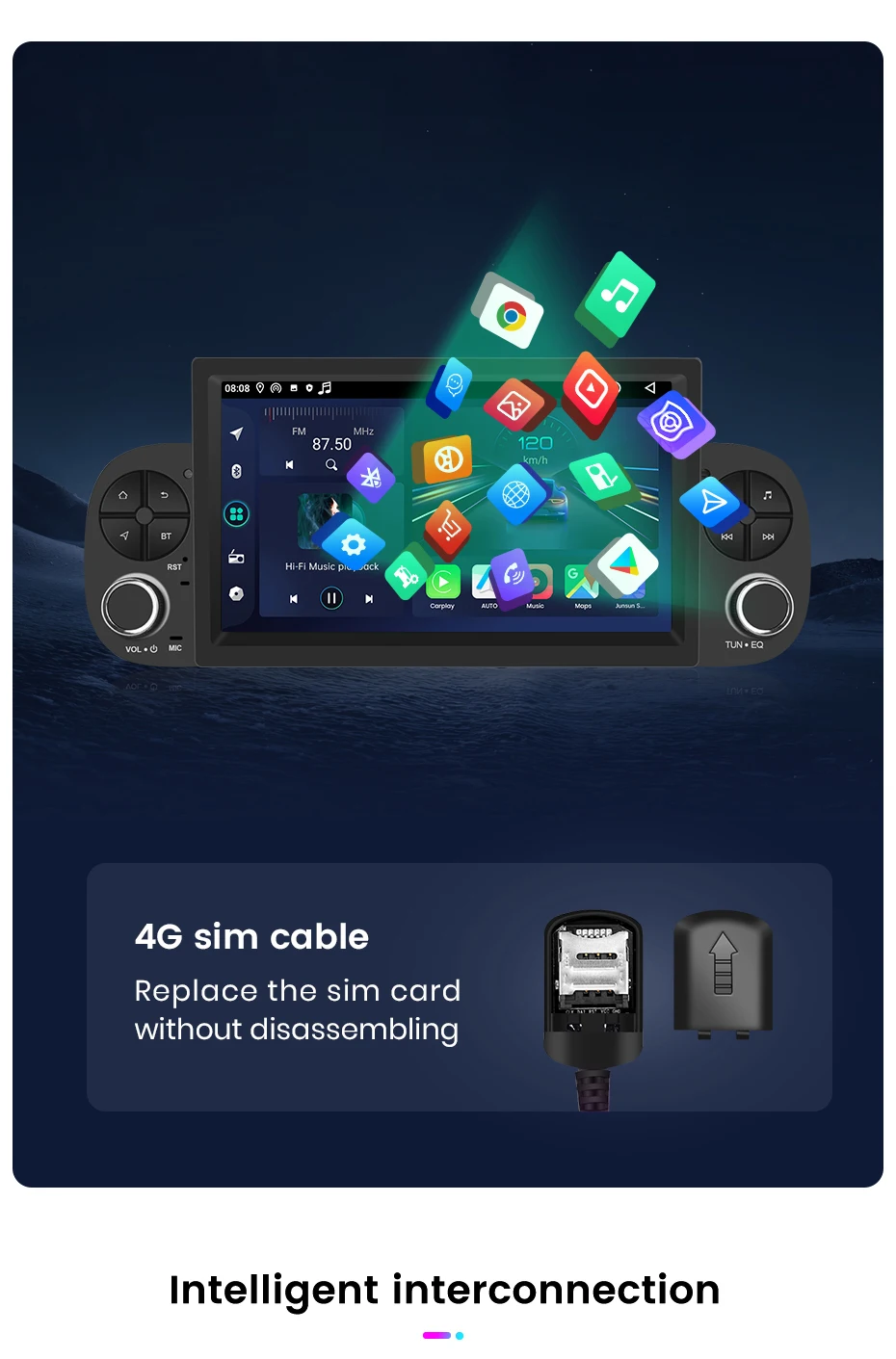 Junsun 7" Wireless Carplay Android Auto Autoradio für Fiat Panda 2013 2014 2015 2016-2020 Stereo GPS Multimedia Player 4G FM SWC – Detail 16
