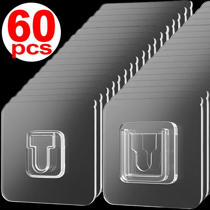 60/2 Stück doppelseitige Haken, stark klebend, transparent, spurlos, Wandhaken für Küche, Schlafzimmer, Aufbewahrungshalter, Steckdosenaufhänger