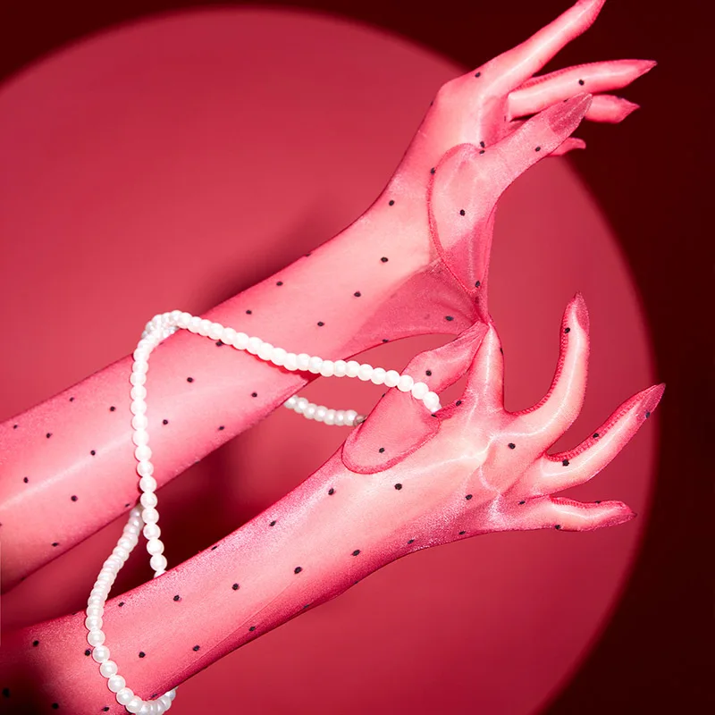 Modische Retro Aurora Dot Öl-Glanz Glänzende Dünne Damen Sexy Fünf-Finger Lange Handschuhe Hochzeit Party Elastische Enge Strümpfe Fäustlinge – Detail 8