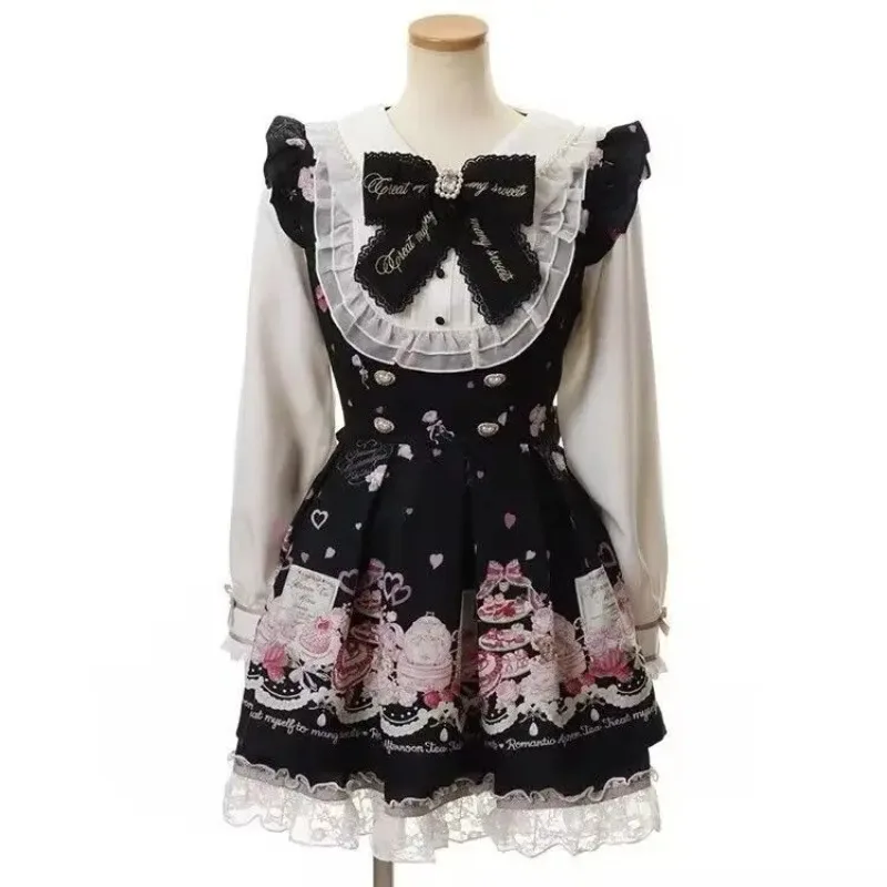 Y2k Japanese Kawaii Two-Piece Sets Long Sleeve Top + Short Skirt Sweet Women Casual Cute Print Bow Patchwork 2025 New Arrival