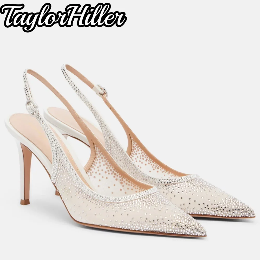 Sparkling Rhinestones Slingback Heeled Sandals Breathable Air Mesh Thin High Heels Women Stiletto Luxury Designer Modern Shoes